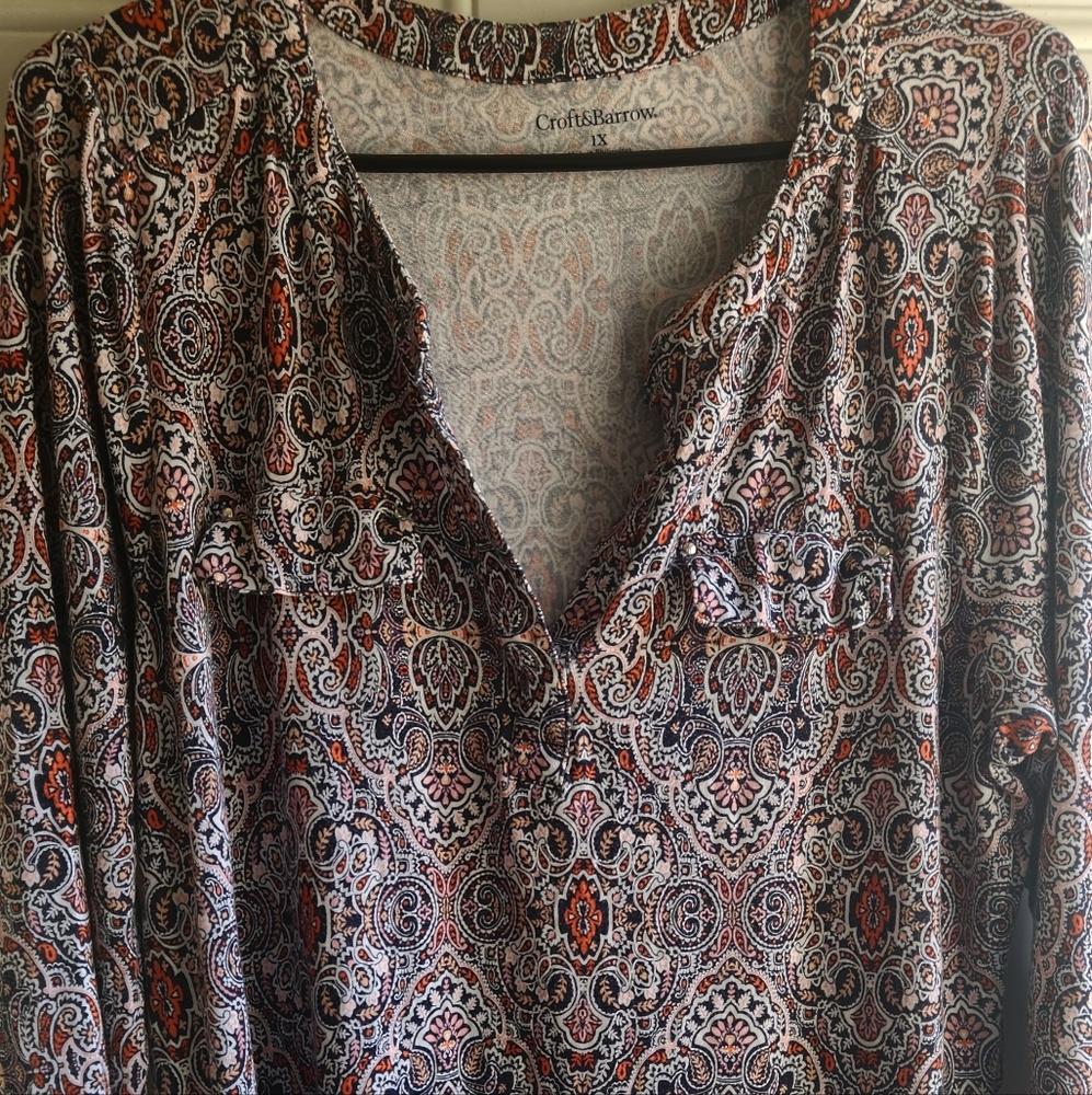 Croft & Barrow Long Sleeve retro bohemian top 2 front pockets size 1X